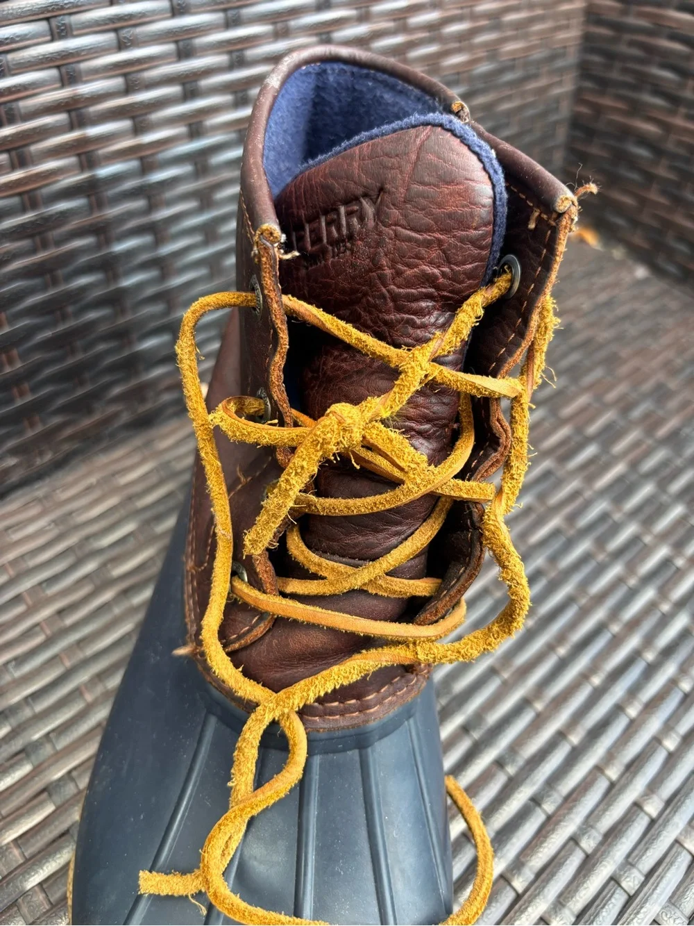 Women’s Sperry Satwater Ankle Duck Boots Brown/Navy Leather Rubber Size 9